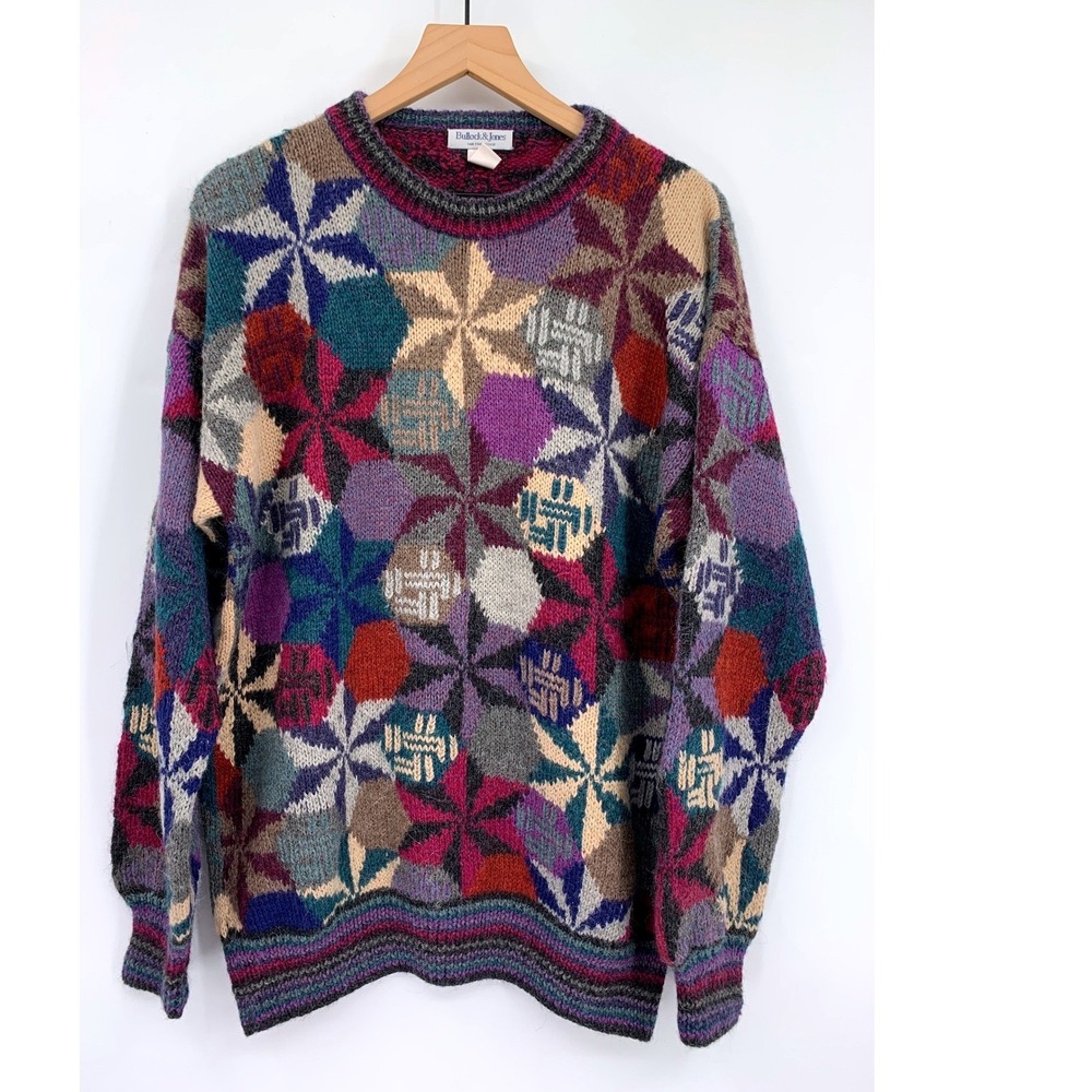 Vintage Bullock & Jones Sweater Mens Large Colorful 100% Alpaca Wool Handknit